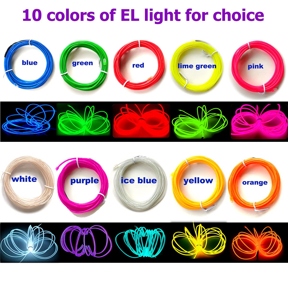 Maxlax El Wire Ice Blue 10-Pack  9Ft/2.75M Neon Light Wire With Noise Reduction And Battery Pack