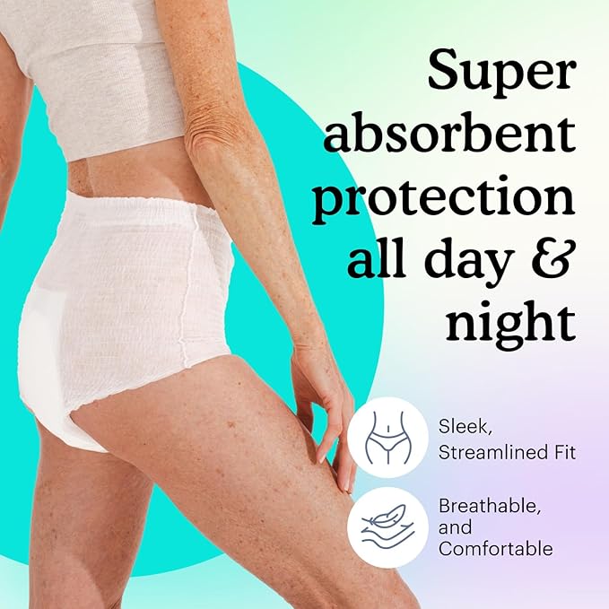 Because Adult Incontinence Underwear for Sensitive Skin - Women - Premium Overnight Disposable Briefs, Anti Odor - White, Large - Absorbs 6 Cups - 56 Count (4 Packs of 14)