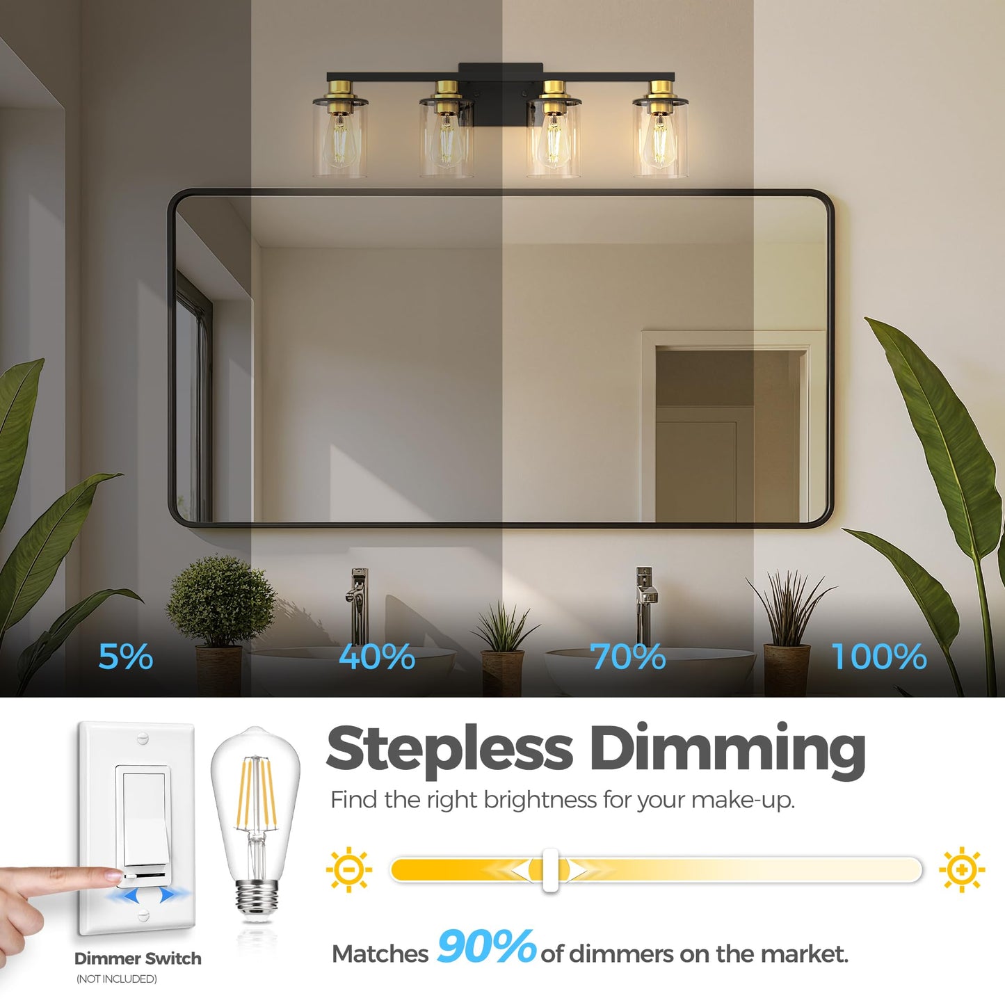 Doresshop Bathroom Light Fixtures  4-Light Black And Gold Bathroom Lighting Fixtures Over Mirror With Glass Shade  Modern Vanity Lights For Hallway Bedroom  Includes Bulbs