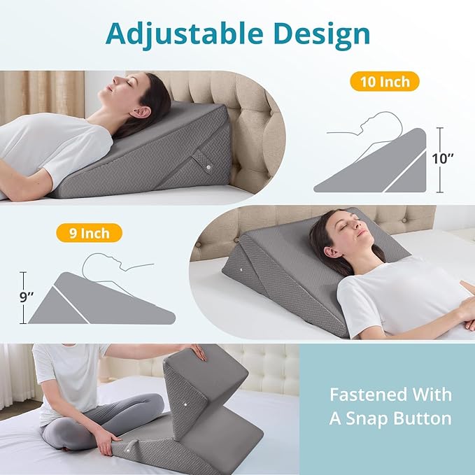 Sasttie Wedge Pillow for Sleep Apnea, 10 Inch Adjustable Bed Wedge Pillow for Back Pain, Acid Reflux Relief, Memory Foam Triangle Pillow Wedge for Sleeping, Post Surgery, Knee Elevation, Dark Grey