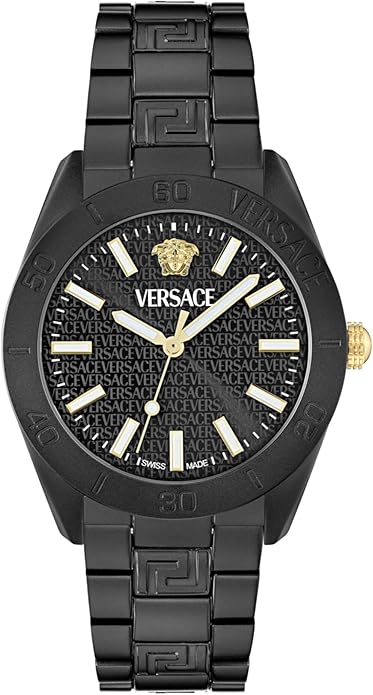 Versace V-Dome Aluminum Collection Luxury Mens Watch Timepieces with a Black Bracelet, Case and Dial