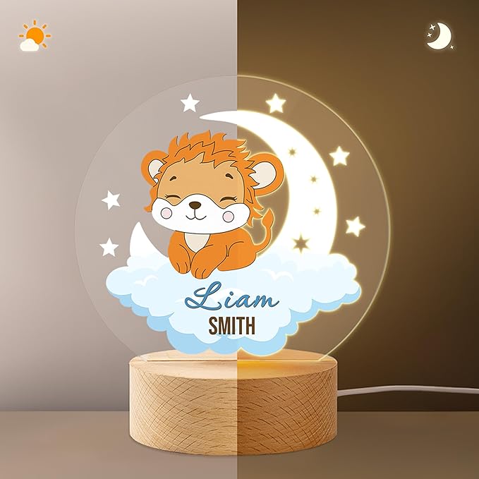 callie Acrylic Night Light Name Plate Personalized, Custom Cute Animal Dog Cat with Wooden Base Bedroom Decor, Birthday Gifts Kid Gifts for Family (Dreamy Moon Forest)
