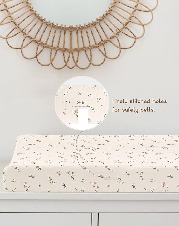 Changing Pad Cover for Baby Boy Girl 2 Pack, Muslin Changing Table Pad Covers with Boho Style, Neutral Nursery Bedding Essentials Soft and Breathable(Petal Leaf & Pink)