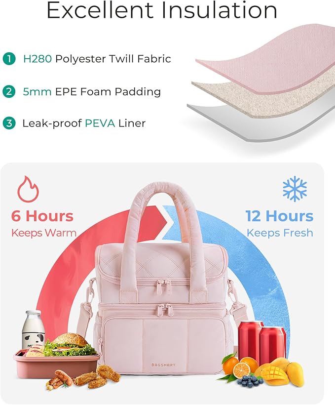 BAGSMART Lunch Bag Women, Double Deck Insulated Lunch Box, Quilted Puffer Lunch Tote, Leakproof, Durable & Reusable Large Lunch Cooler For Work Picnic Travel Meal Prep, Lavender Purple