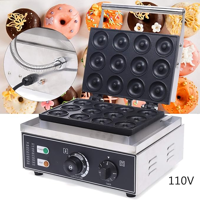 Mini Donut Electric Maker Machine, Nonstick Commercial Doughnut Baker Home Baker Machine, Stainless Steel Makes 12 Doughnuts Countertop Mini Cupcake, Mini-Pie and Quiche, Waffle Maker 1500W (12 Pcs)