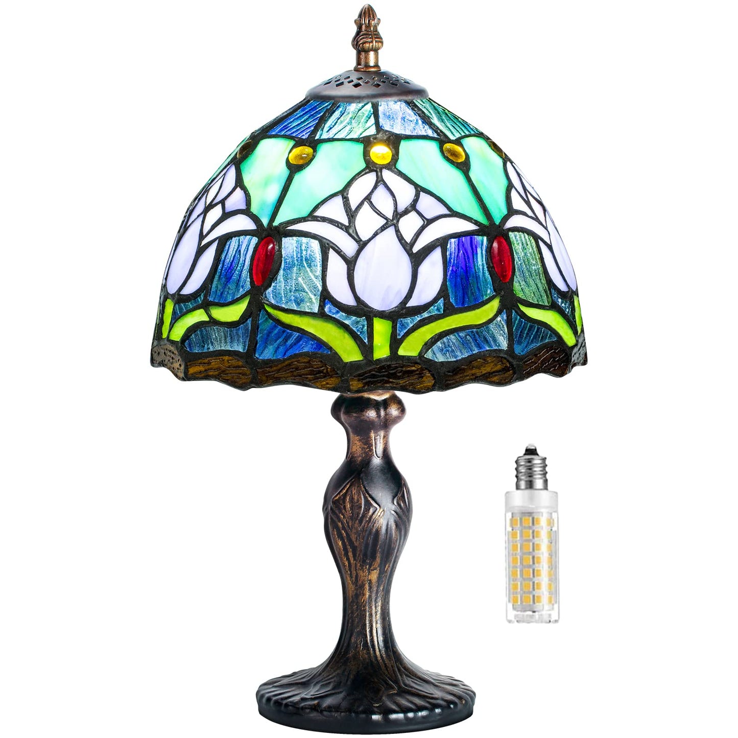 Miaoke Stained Glass Lamp Stained Glass Table Light  Handmade Desk Bedside Table Night Lamp  Antique Art Craft Gifts Lover Kid Living Room Bedroom Study Bookcase Desk Ligh-Blue Tulip