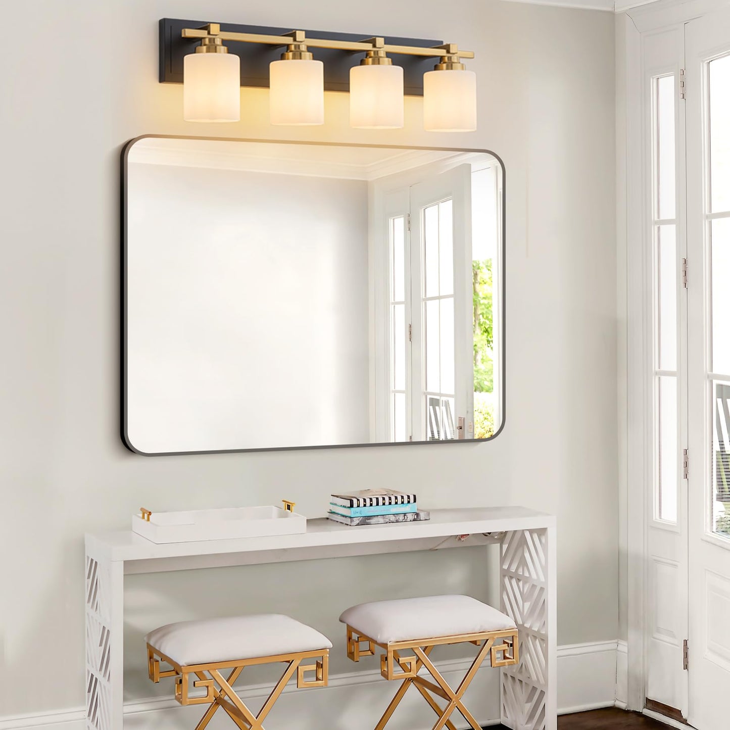 Brknit 4-Light Modern Bathroom Vanity Light Fixture, Black Gold With Milky White Glass Shades, E26 Socket, Model J0057-6-4T