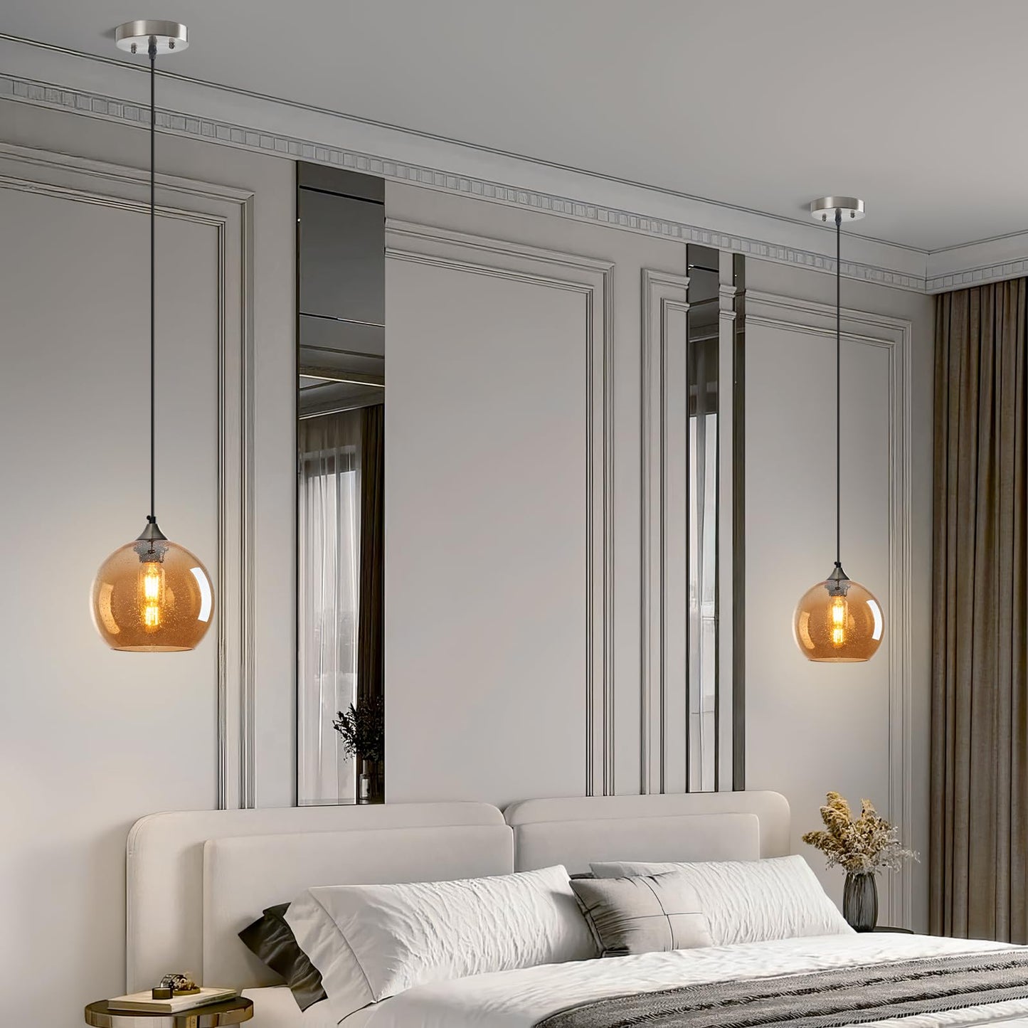 Lbsqj Amber Glass Pendant Lights Kitchen Island Lighting Globe Pendant Light Fixtures Modern Pendant Lighting For Bedroom Living Dining Room Light Fixture (7.87 In  3 Pack)