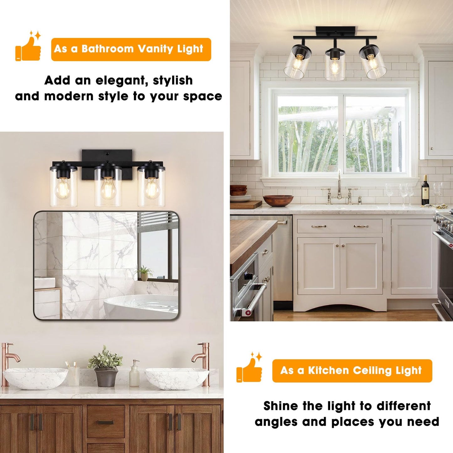 Fadimikoo 3-Lights Semi Flush Mount Ceiling Light  Adjustable Kitchen Light Fixtures Ceiling Mount With Clear Glass Shades  Rotatable Black Track Lighting Fixtures For Hallway  Foyer  Bedroom