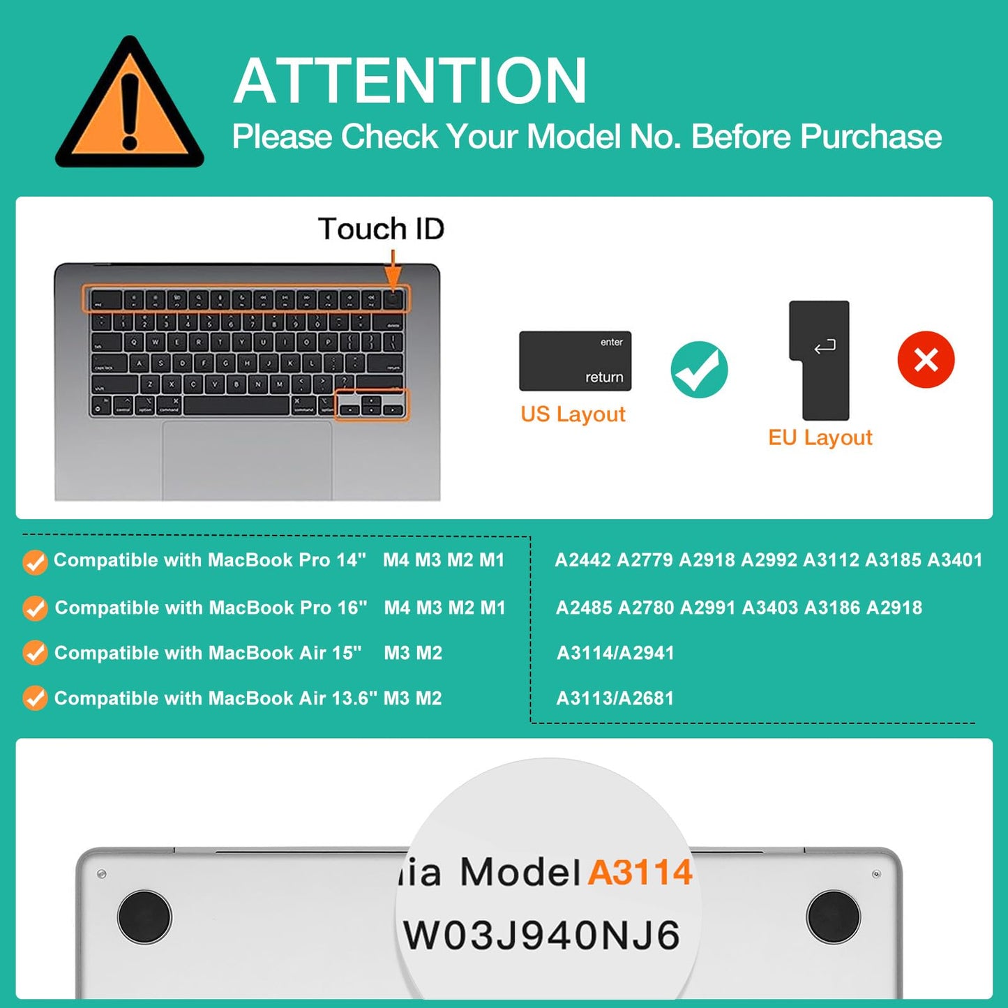 Mosiso Keyboard Cover Skin Compatible With Macbook Air 15 Inch M3 A3114 M2 A2941/Air 13.6 A3113 A2681/Pro 14/16 M4 M3 M2 M1, Mid