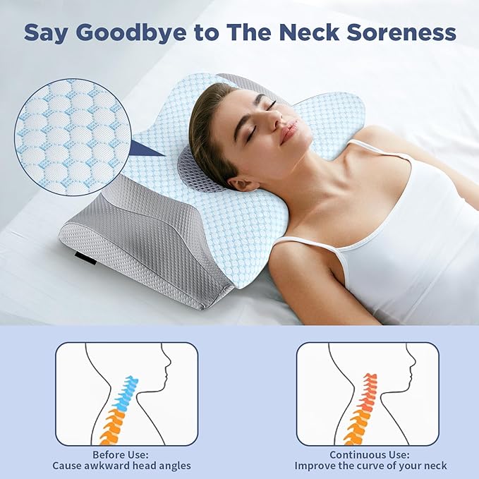Memory Foam Pillows - Neck Support Pillow for Pain Relief, Ergonomic Cervical Pillow for Sleeping, Orthopedic Contour Bed Pillow for Side, Back & Stomach Sleepers (Blue)
