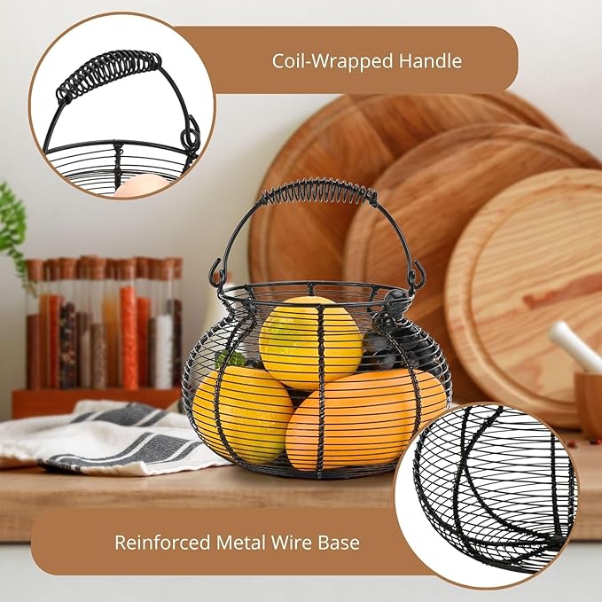 Flexzion Round Wire Basket - Chicken Egg Holder & Fruit/Vegetable Basket, Black, Rustic Farmhouse Style with Handle