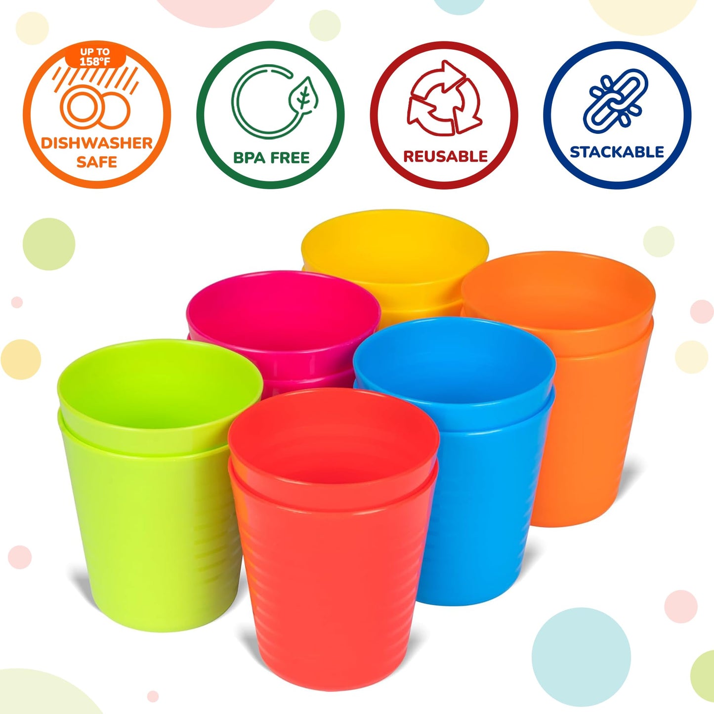 PLASKIDY Kids Plastic Cups Set of 12 Toddler Cups 8 Ounce Children Drinking Tumblers - Reusable Dishwasher Safe BPA Free