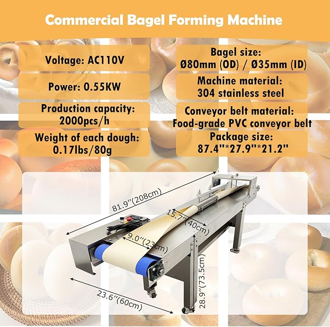 Commercial Automatic Bagel Forming Machine 2000 pcs/h Industrial Donut Bagel Former Machine 80g Ø80mm (OD) / Ø35mm (ID) for Bakeries Pastry 110V