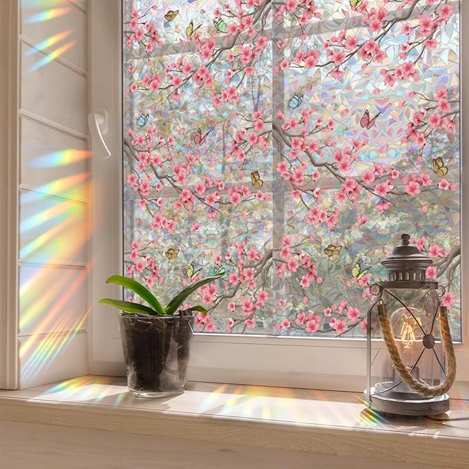 Runtoo Window Privacy Film Rainbow Cherry Blossom Flower Window Clings 3D Decorative Vinyl Stained Glass Butterfly Floral Decals Static Sticker Non-Adhesive, 15.75 x 79 inches