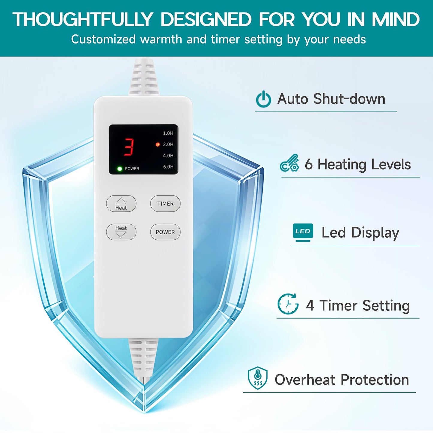Heating Pad for Period Cramps, Heating Pad for Back/Neck/Shoulder Muscle Pain, 6 Heating & 4 Timer Setting, Auto Shut Off, Moist Heat & Machine Washable, Birthday Christmas Gifts for Women Mom, Cyan