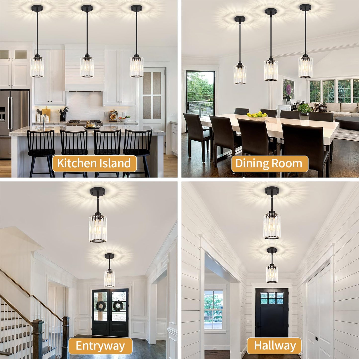 Zsmihdoh 3 Pack Black Pendant Light  Modern Crystal Pendant Lights Kitchen Island Lighting  Hanging Light Fixtures Mini Chandelier Pendant Lights For Island Dining Room Hallway Bedroom