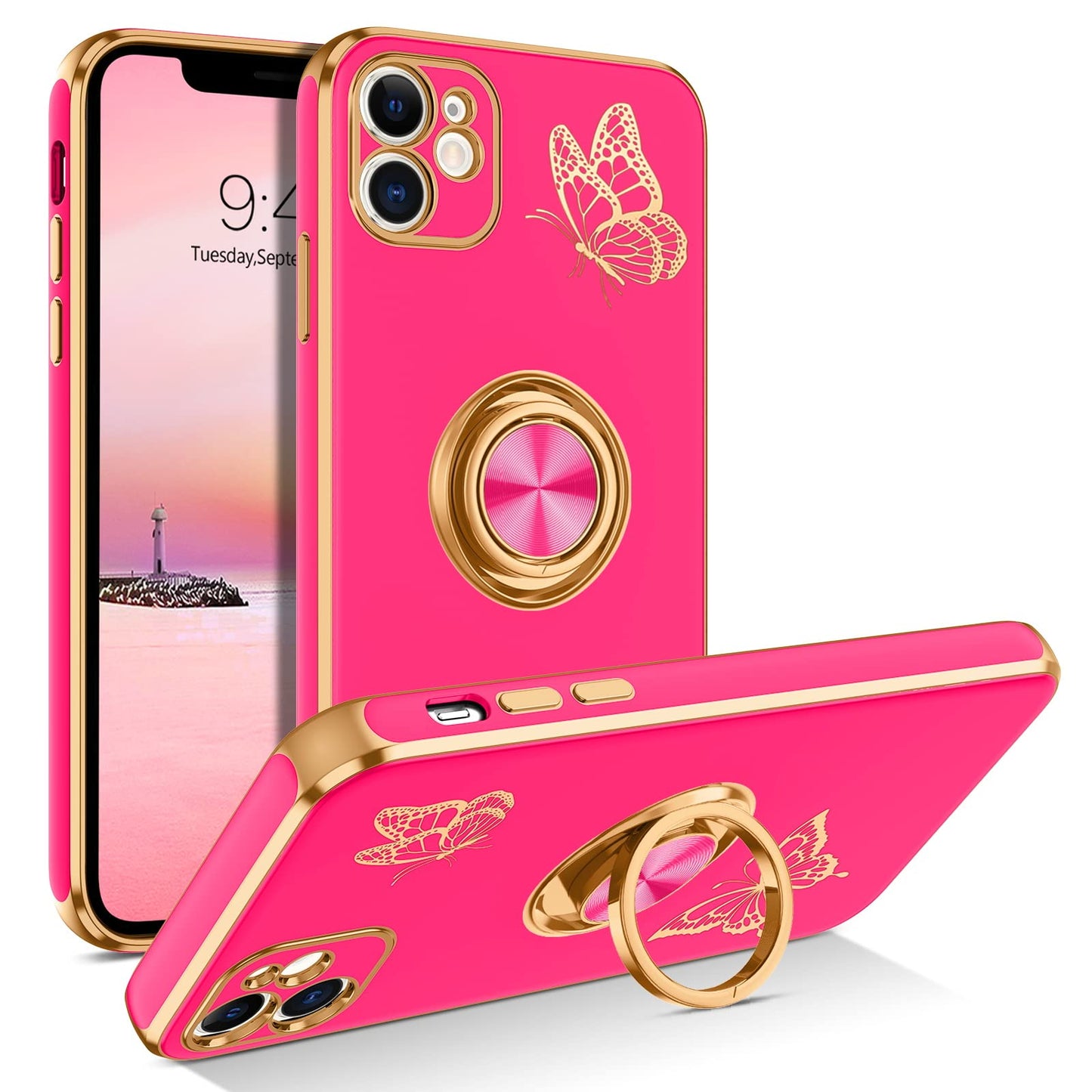 Bentoben For Iphone 11 Case, Phone Case Iphone 11, Slim Fit Gold Butterfly Design Kickstand Ring Holder Shockproof Protection So