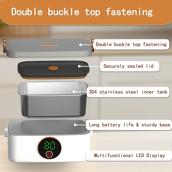 Portable Wireless Electric Heated Lunch Box for Adults,Heating Food Warmer Lunch Box,Rechargeable 16000mAh Battery,1000ml Capacity Inner Container,Lunchbox for Travel,Outdoor,Picnic,Office