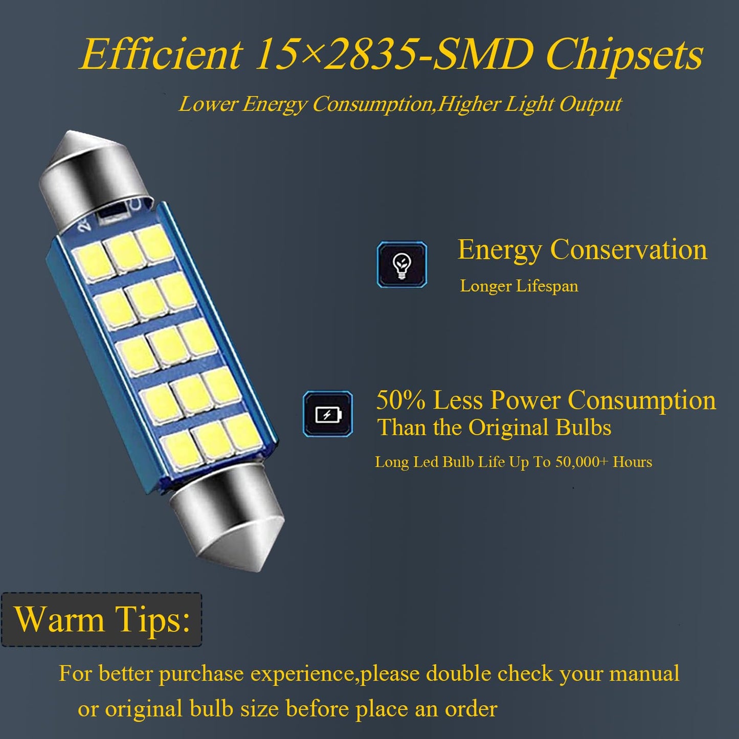 Gkmow Pack-4 578 Led Extremely Bright Bulbs  1.59 6500K 2835 Chipsets 400Lm Bulbs For Led Interior Dome Map Door Lights 211-2 212-2 569 6411 6451 41Mm 42Mm (White)