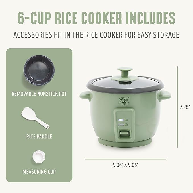 GreenLife Rice Cooker with Removable PFAS-Free Nonstick Pot, 3-Cups Uncooked/6-Cups Cooked, One-Switch Design, Auto Keep Warm Function, Soup, Grains, Oatmeal, Wood Handle, Sage Green