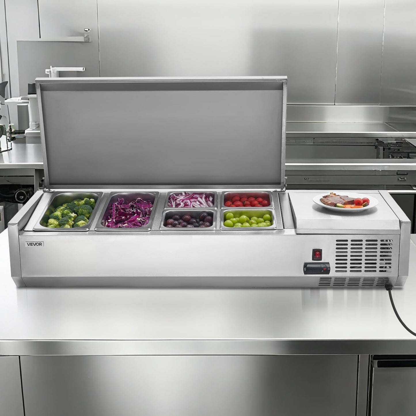 VEVOR Refrigerated Condiment Prep Station, 130 W Countertop Refrigerated Condiment Station, with Two 1/3 Pans & Four 1/6 Pans, 304 Stainless Body and PC Lid, Sandwich Prep Table with Stainless Guard