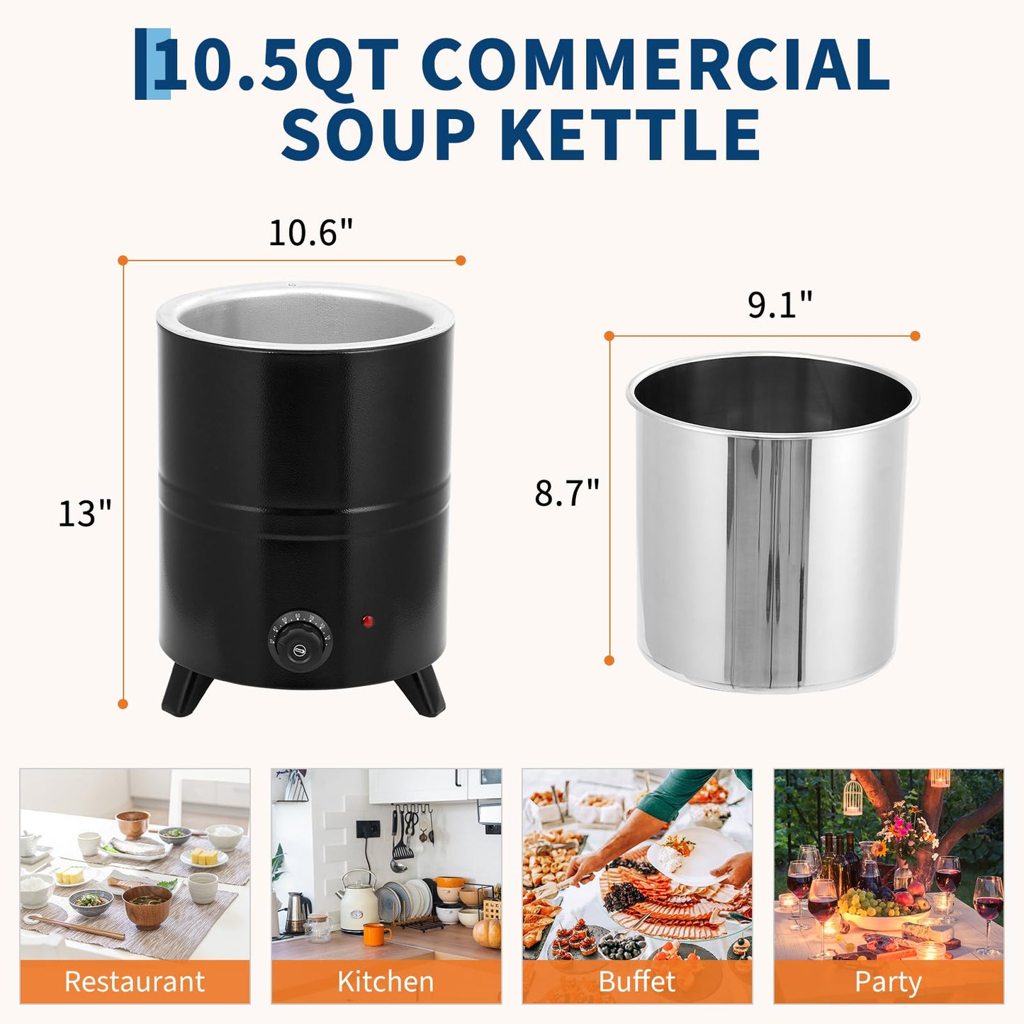 Garvee 10.5QT Commercial Soup Kettle, Automatic Soup Warmer with Anti-Scald Handle and Stainless Steel Removable Insert Pot for Large Banquet & Buffet, Built-in Hinged Lid