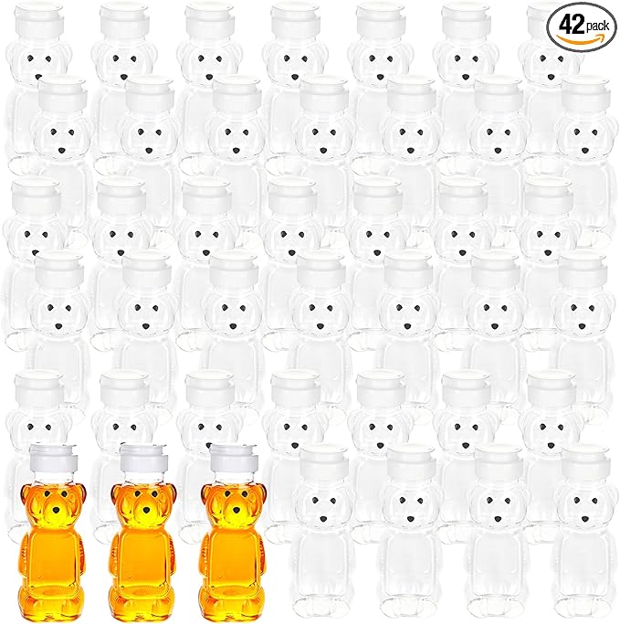 42 Pcs 8 oz Plastic Honey Bear Bottle Clear Honey Squeeze Bottles Empty Dispenser Container with Flip Lid for Storing Dispensing Holiday Wedding Gifts, 2 Colors (Color Set 2)