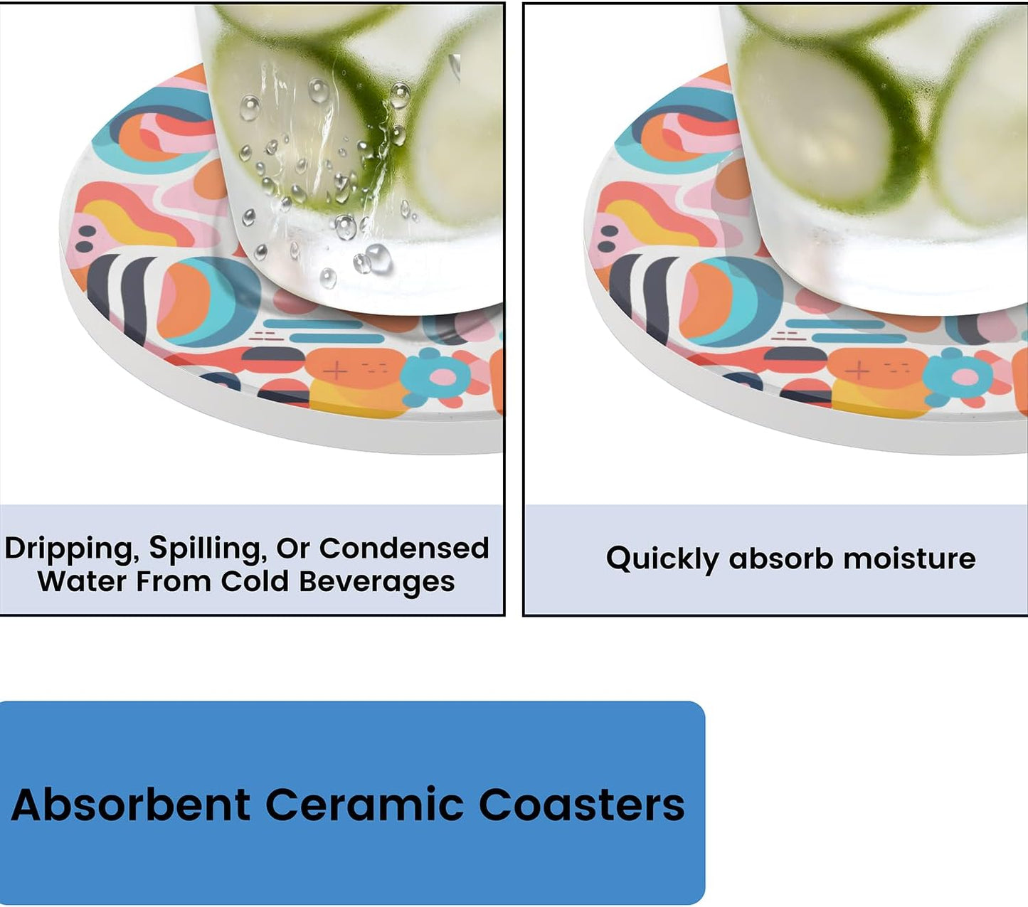 Ceramic Coasters for Drinks with Cork Back,Colorful Abstract Shapes 4 Inch Absorbent Coaster Set 4 Pack, Quick Dry Non-Slip Coaster Mats for Home, Office, Bar