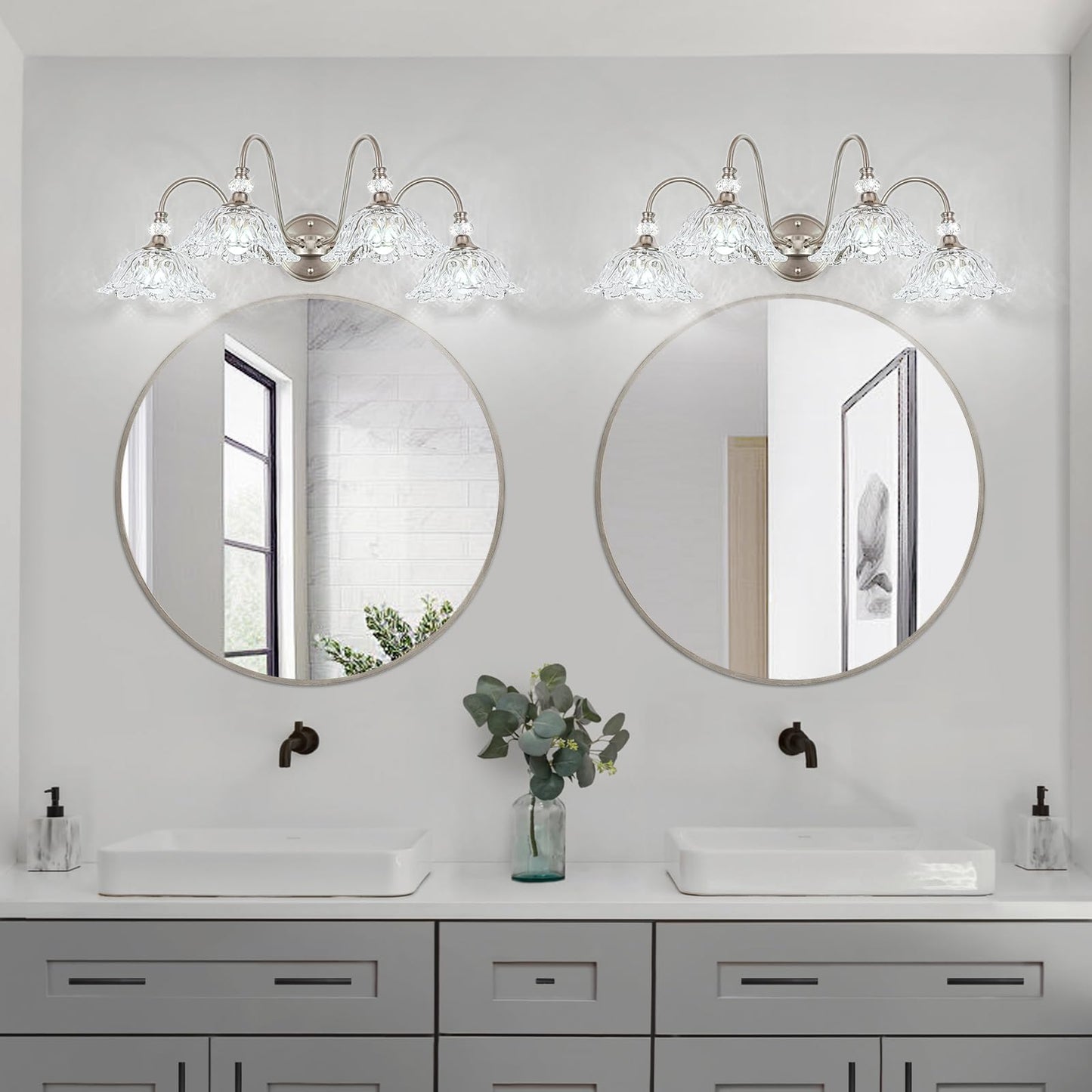 Brushed Nickel Bathroom Vanity Light  4-Light Vanity Light With Floral Clear Glass Shades  Brushed Nickel Wall Mount Lighting For Bathroom  Dressing Table