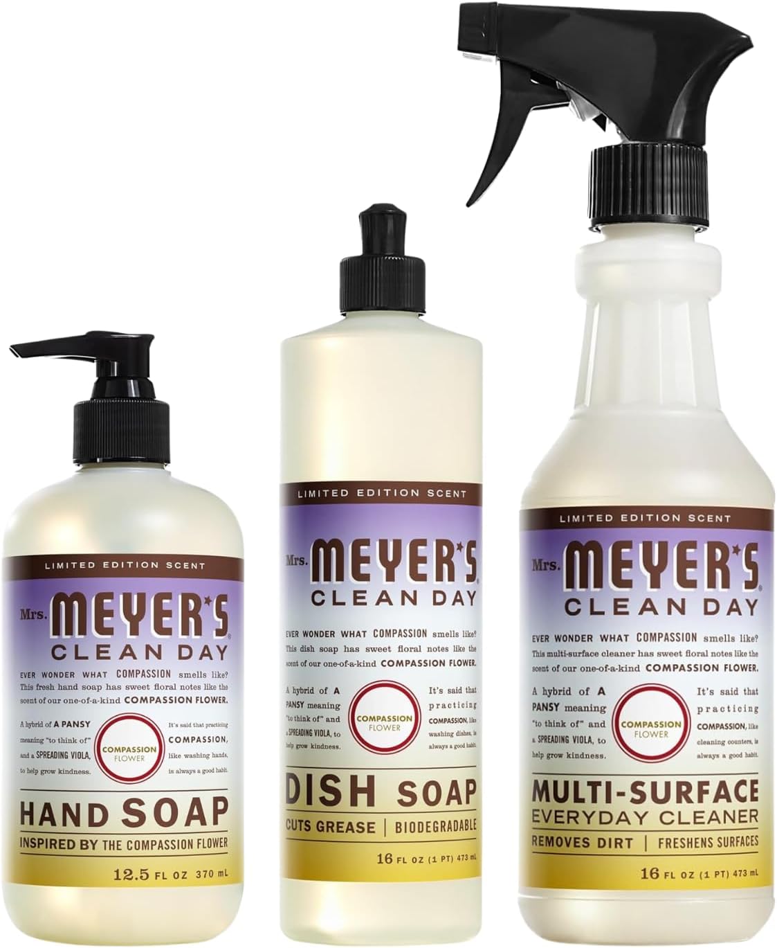 Mrs. MEYER'S Kitchen Set, Dish Soap, Hand Soap, and Multi-Surface Cleaner, 3 CT (Compassion Flower)