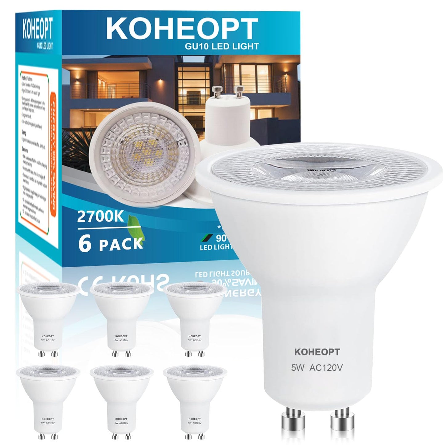 Koheopt Gu10 Led Bulbs 5W Dimmable 50W Equivalent 500Lm 2700K Soft White Bulb Gu10 Base For Track Lighting  Kitchen Range Hood Living Room Bedroom  6 Pack