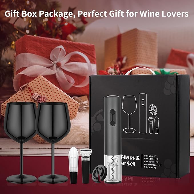 Electric Wine Opener Set Rechargeable, Automatic Corkscrew Set, Including Black Metal Wine Glasses of 2, Stainless Steel Wine Goblet, Ideal Gift for Wedding, Wine Lover, Birthday, Girl, Men