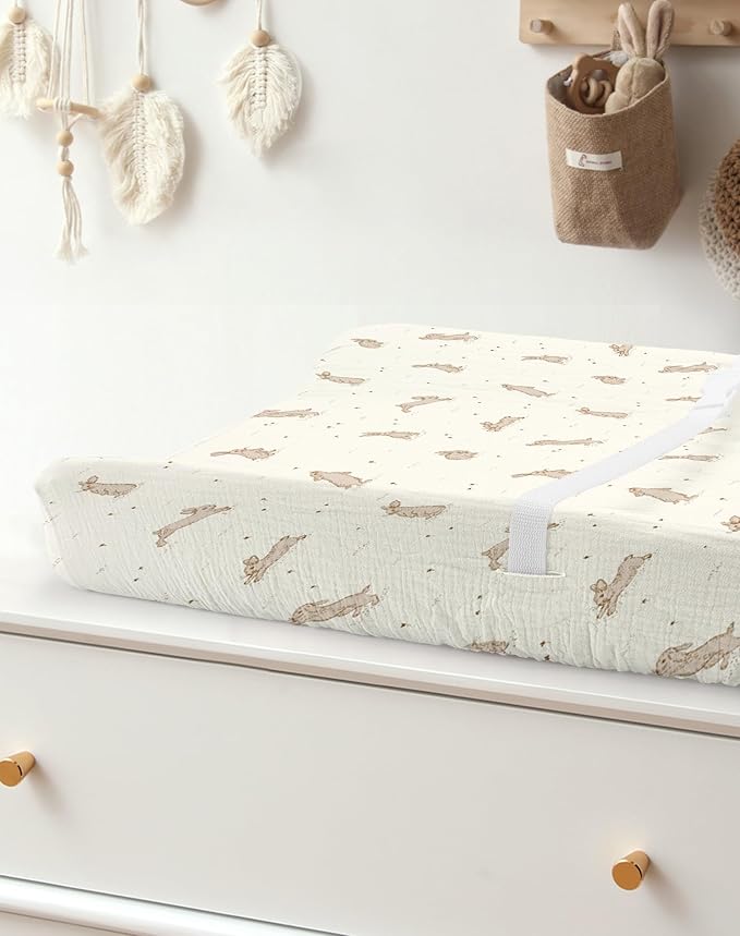 Changing Pad Cover for Baby Boy Girl 2 Pack, Muslin Changing Table Pad Covers with Boho Style, Neutral Nursery Bedding Essentials Soft and Breathable (Hopping Bunnies & Beige)