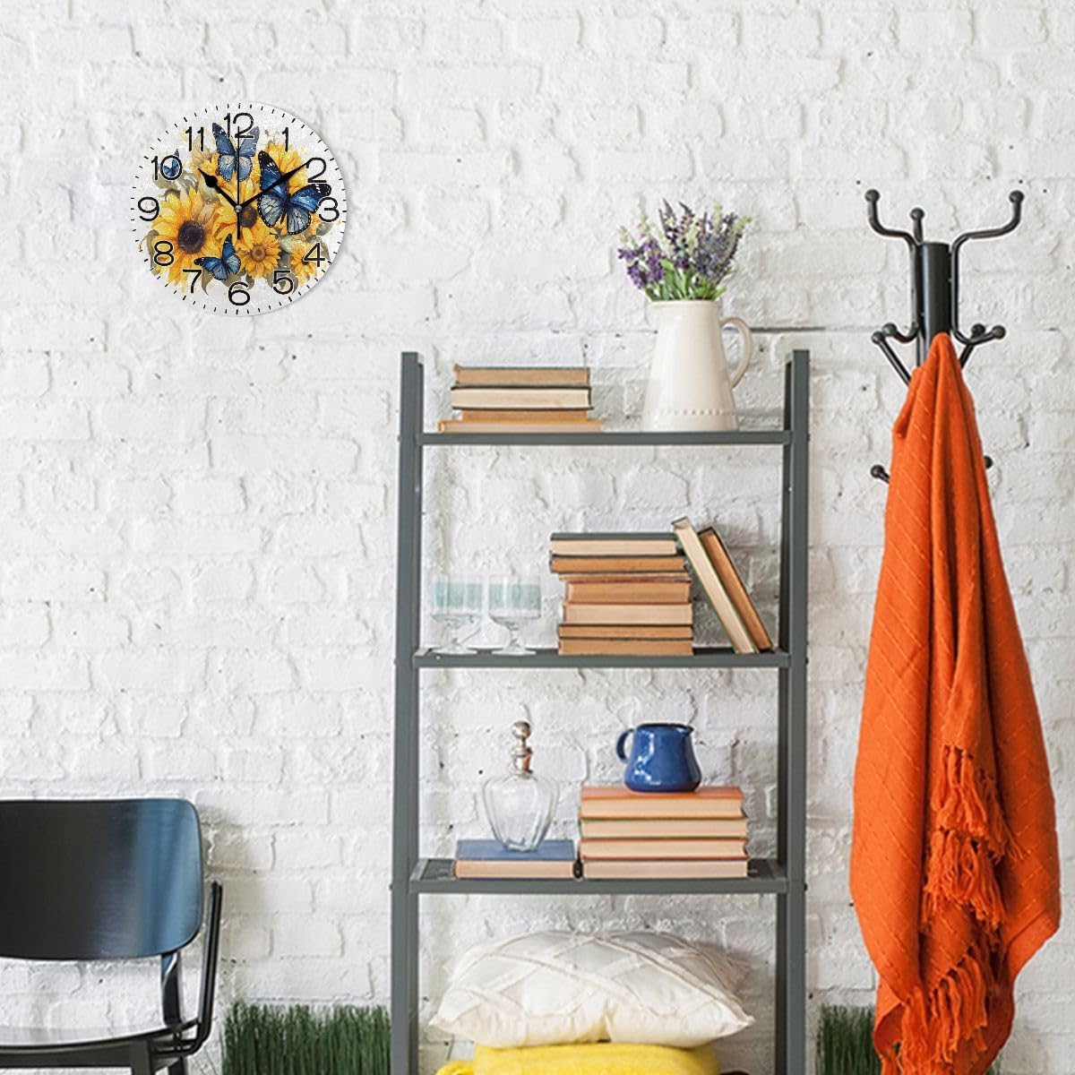 Blue Butterflies Yellow Sunflowers Wall Clock Battery Operated Non Ticking Silent Quartz Analog Rustic Farmhouse Round Clock Retro Decor for Home Kitchen Living Room Bathroom