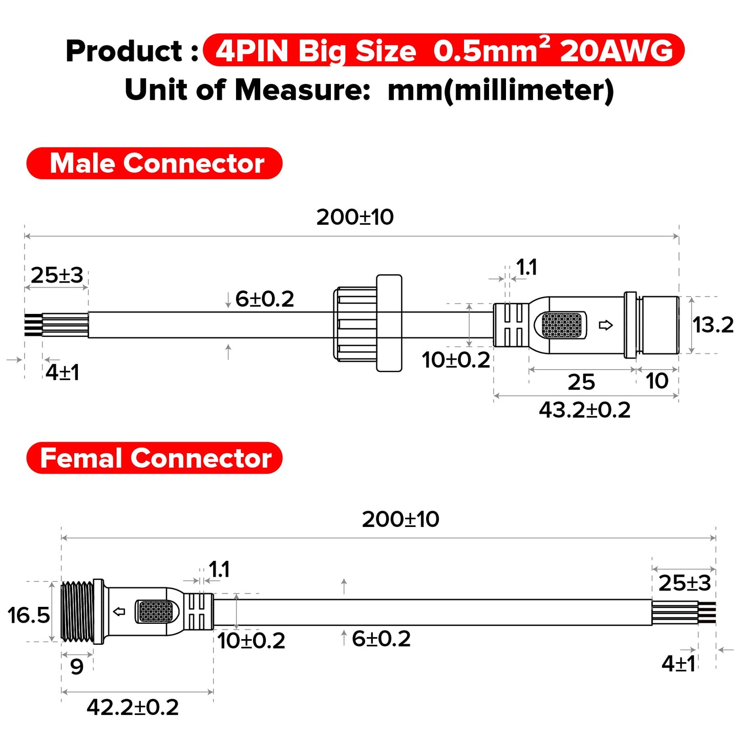 BTF-LIGHTING 4 Pin Electrical Connector Male Female 20AWG IP65 7.87in Extension Cable for Car Truck Boat LED Strip Lights WP4PINBB
