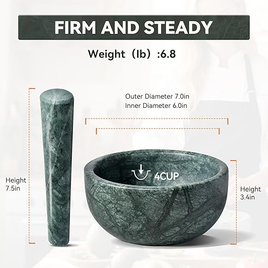 Koville Luxury Marble Mortar and Pestle Set, 7"-4cups Grinder Bowl for Guacamole, Salsa, Pill Crusher, Spice, Herb, Garlic, Nut, Heavy Duty Grinder for Kitchen