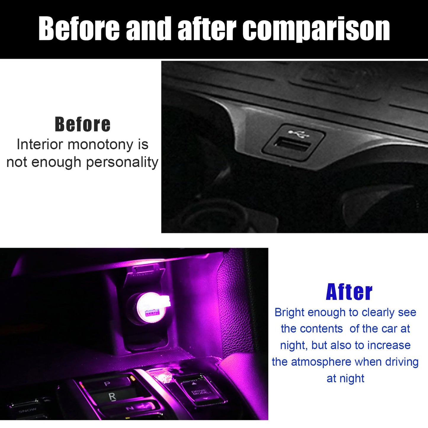 Sylvil 2 Pcs Usb Led Car Interior Atmosphere Lamp  Portable Mini Led Night Light  Plug-In Usb Interface Trunk Ambient Lighting Kit  Universal Interior Car Accessories (Purple)