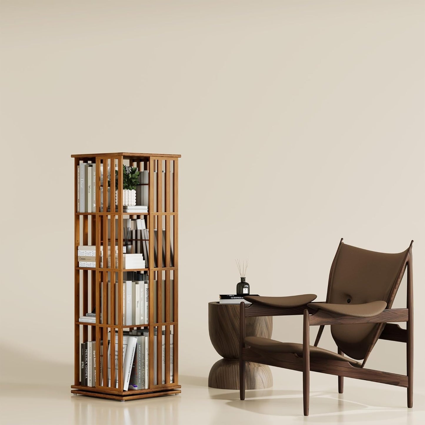 YOWOS Rotating Bookshelf Tower, 360 Display Spinning Bookcase, Bamboo Bookshelf Floor Standing Storage Rack, Wood Narrow Book Shelf Organizer for Kids&Adults (Walnut, 4 Tier)