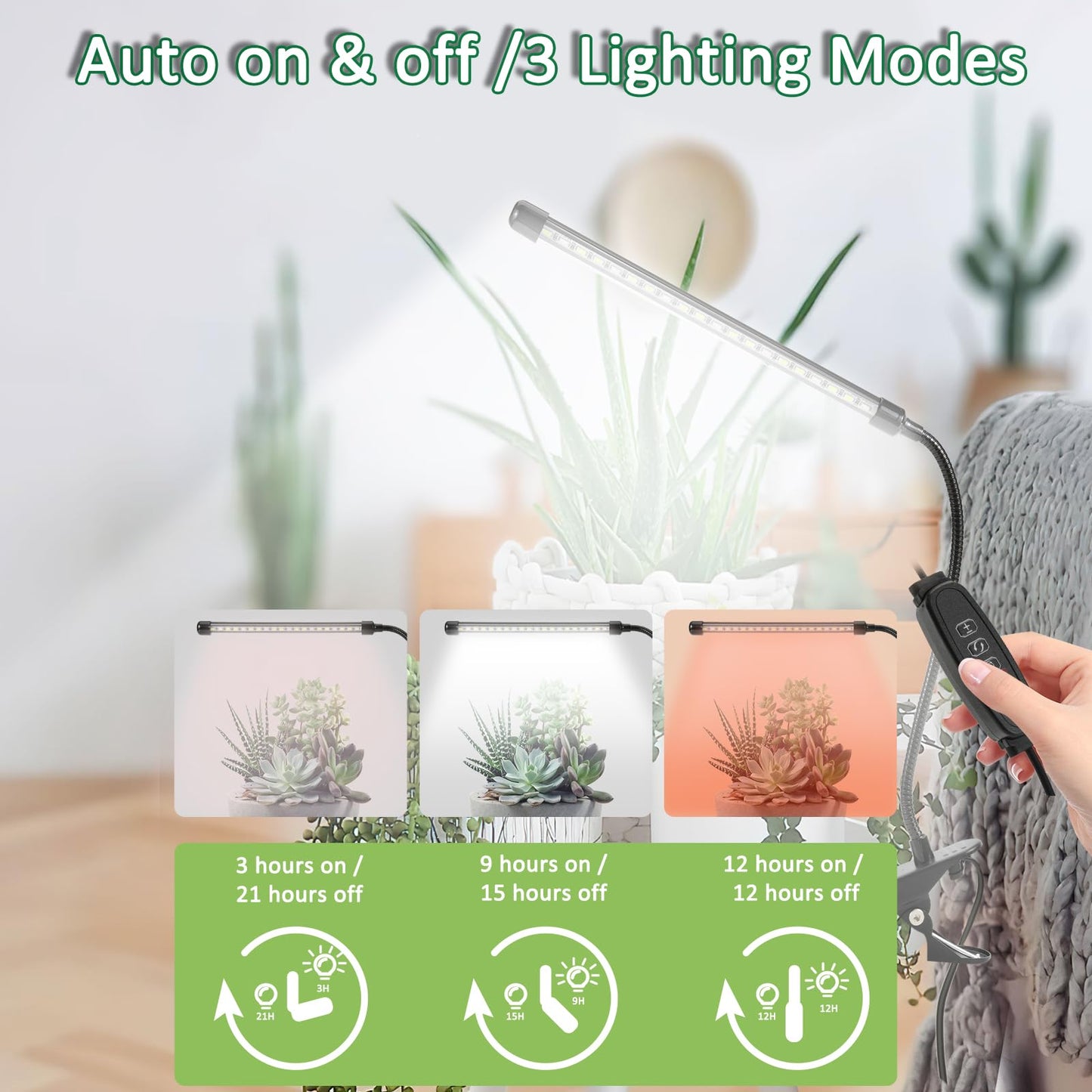 Sunny Power Clip On Grow Lights For Indoor Plants Full Spectrum  6000K Led Plant Light For Indoor Growing With Adjustable Auto On/Off Timer  Dimmable  3 Lighting Modes White Red Leds For Seed Starting