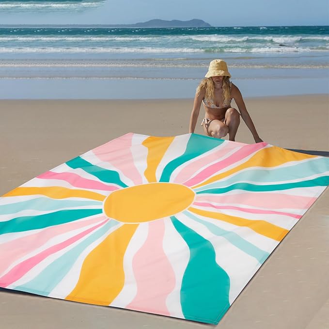 Beach Blanket Waterproof Sandproof, Large Picnic Blankets with Stakes and Storage Bag, Lightweight Quick Drying, Compact Beach Mat Vacation Essentials for Outdoors, Camping, Trips-Spring Sunshine