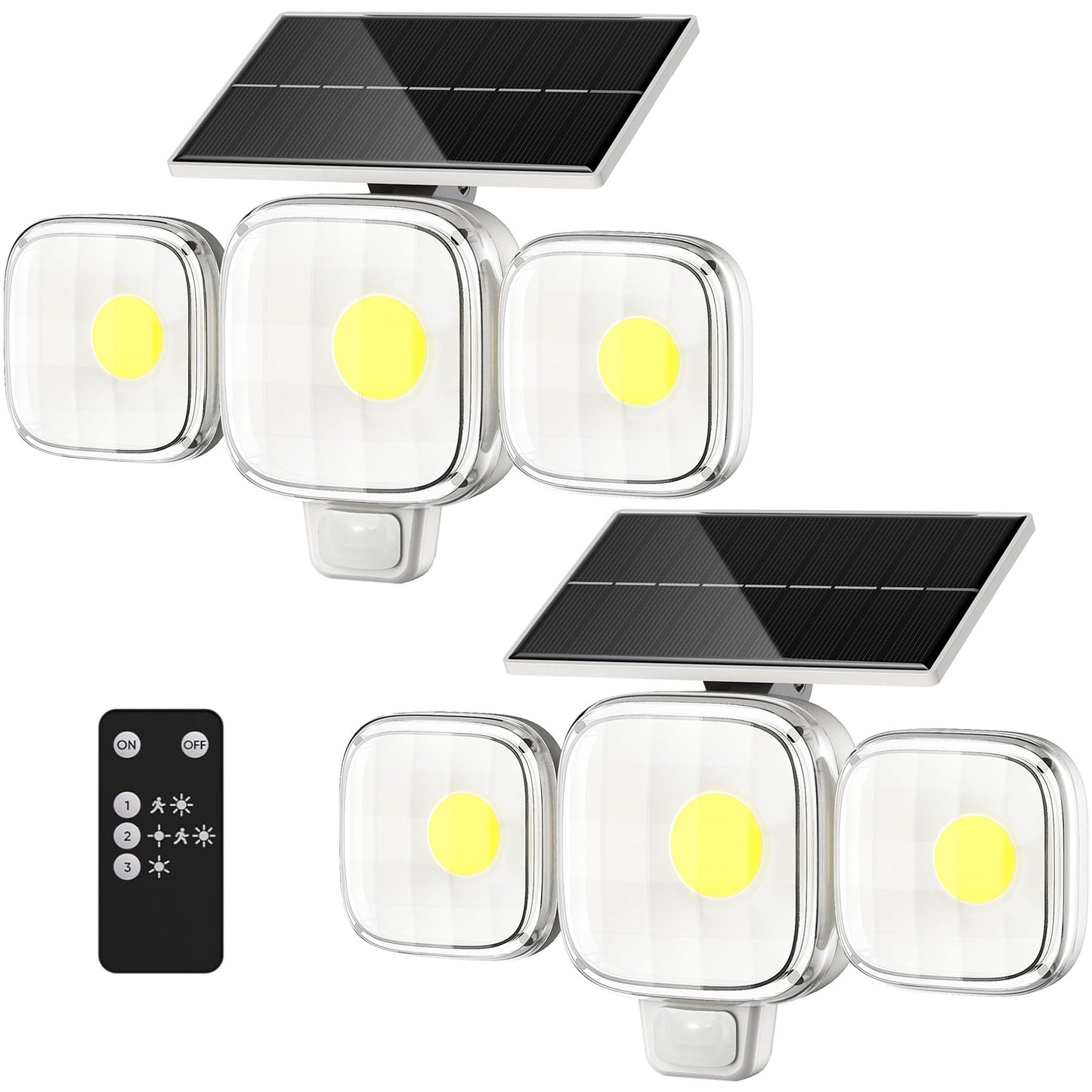 CINOTON Solar Motion Sensor Flood Light, 3 Modes, Remote Control, IP65 Waterproof, 2 Pack, White, Model STR-SO-0053