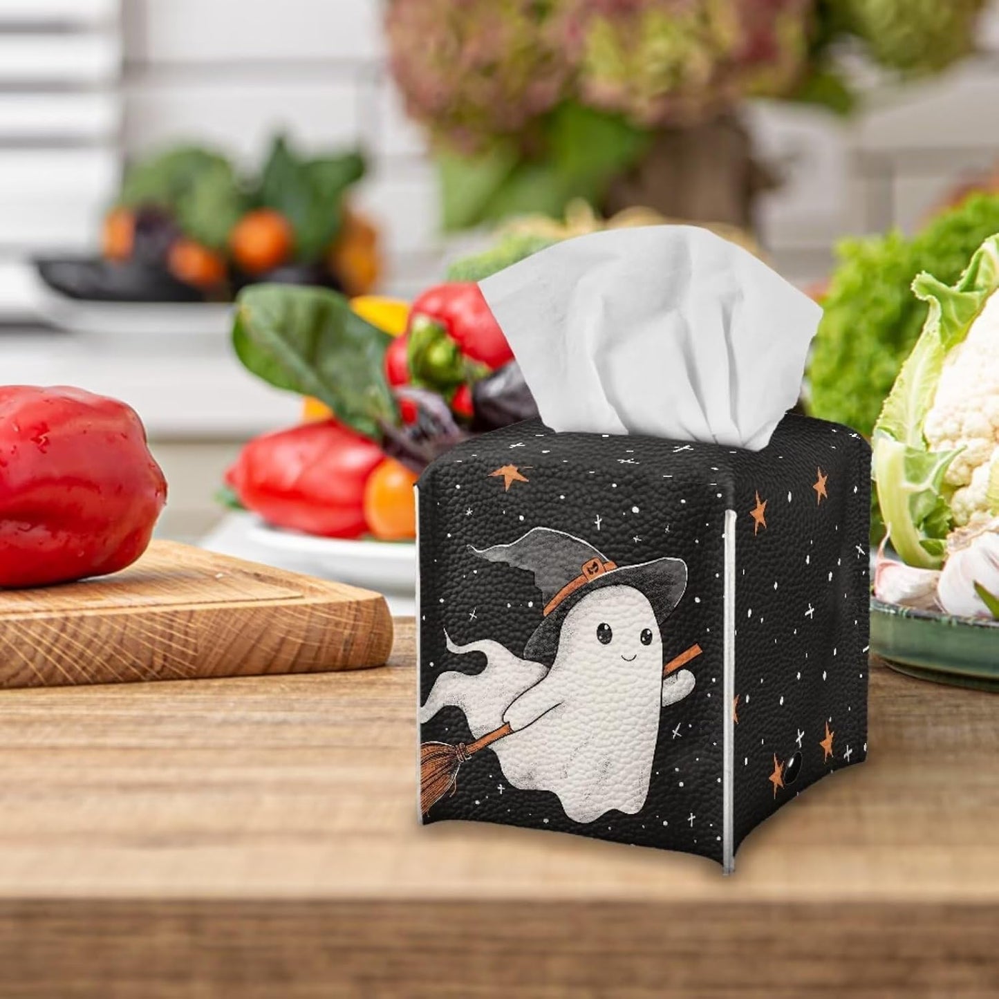 Halloween Black Cute Ghost Tissue Holder Faux Leather Square Tissue Box Covers Soft Folding Easy to Clean Decorative Bathroom Accessory Tissue Box Organizer for Table, Desk, or Countertop