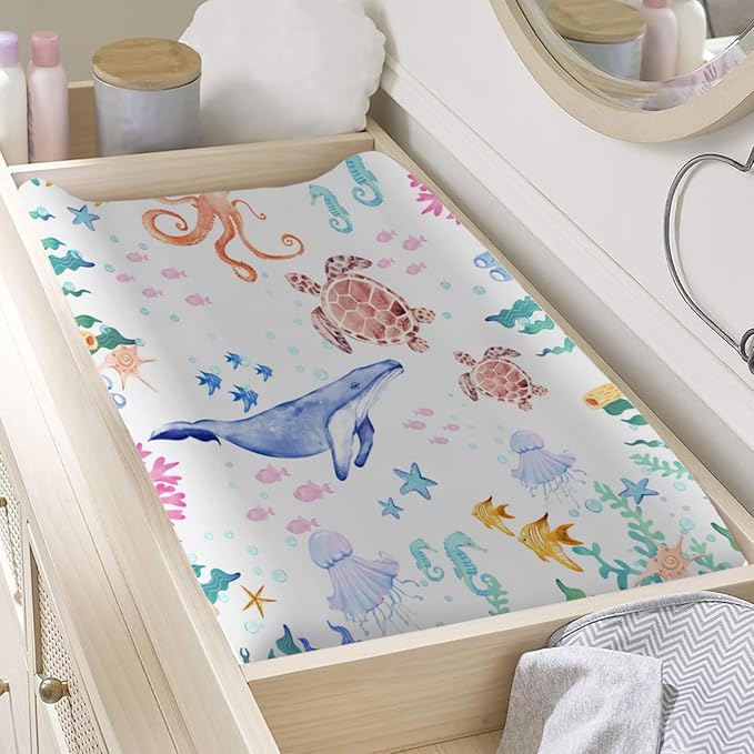 Sea Animals Baby Changing Pad Covers Ocean Animals Corals Sea Weeds Baby Nursery Diaper Changing Pad Sheets for Boys Girls Marine Soft Breathable Stretch Fitted Changing Mat Cover 32''x16''