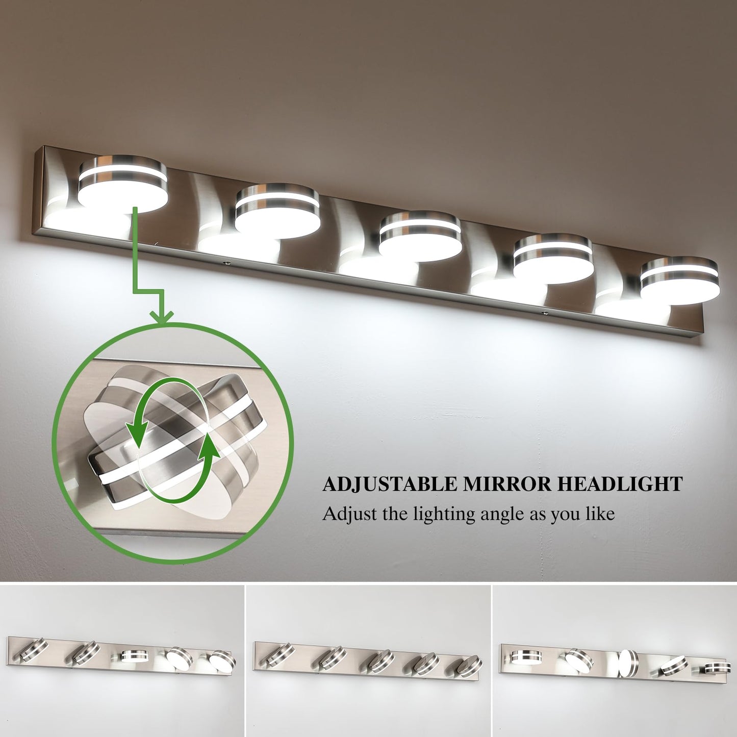 Bicrink Brushed Nickel Bathroom Light Fixtures Over Mirror, 5-Light Bathroom Vanity Light, LED Dimmable Bath Lights, Modern Dimmable Vanity Lighting with Rotating Lamp Head, 5500K