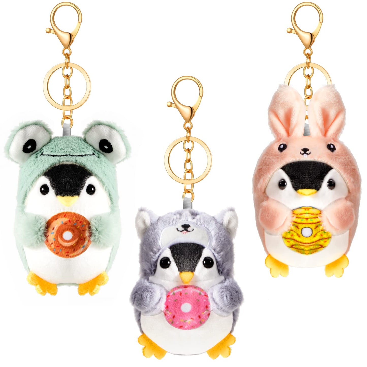 Kigeli 3 Pcs Cute Stuffed Penguin Keychain Plush Keychain Stuffed Animals Frog Bunny Dog costume Lovely Animal Pendant for Birthday Gift Backpack Car Key Decoration, 3 x 5.5 Inch