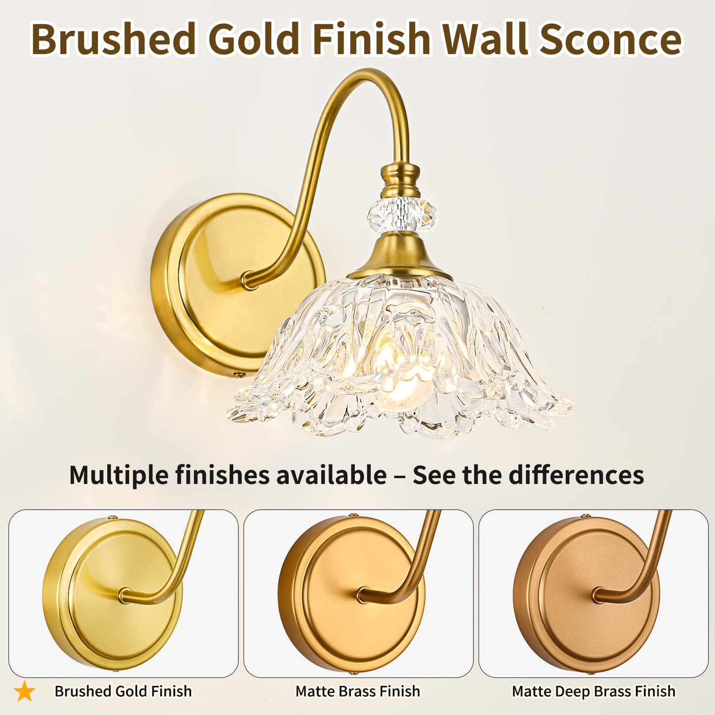 Sunkryster 1 Piece Gold Wall Sconce With Floral Clear Glass Shade  Brushed Gold Finish Wall Mount Lighting For Bathroom Vintage Bathroom Vanity Light Fixtures