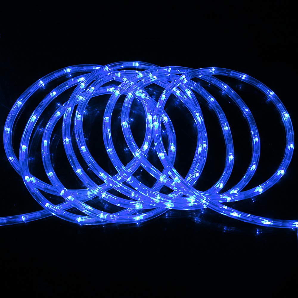 DINGFU 50ft 360 LED Waterproof Rope Lights, Blue, PVC Tube & Copper Wire, Model MHH077, Indoor/Outdoor Use