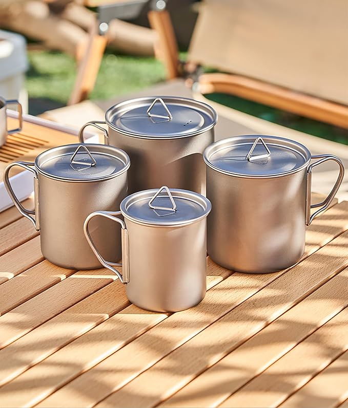 Titanium Camping Mug 400ml/13.5oz Lightweight Titanium Pot with Lid Foldable Handle Tea Cup Coffee for Outdoor Backpacking Hiking Traveling Picnic