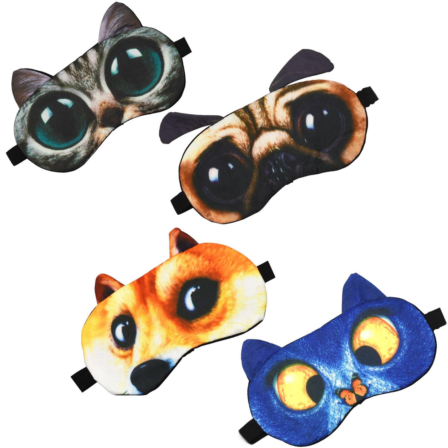 GRPSKCOS Kids Sleep Mask, 4 Pack Cute Animal Cat Dog Funny Sleep Eye Mask for Sleeping Soft Plush Blindfold with Adjustable Strap for Kids Adults Travel Naps Shift Works Games(02 Style A- 4 Pack)